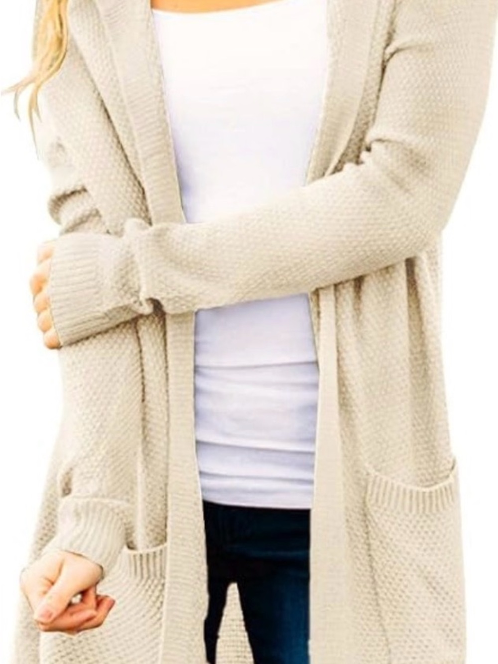 Women's Cream Open-Front Knit Cardigan with Pockets